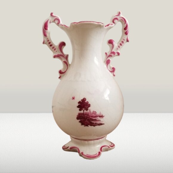 ERPHILA GERMANY Antique White Vase Hand Painted Pink Countryside Landscape - Picture 4 of 13